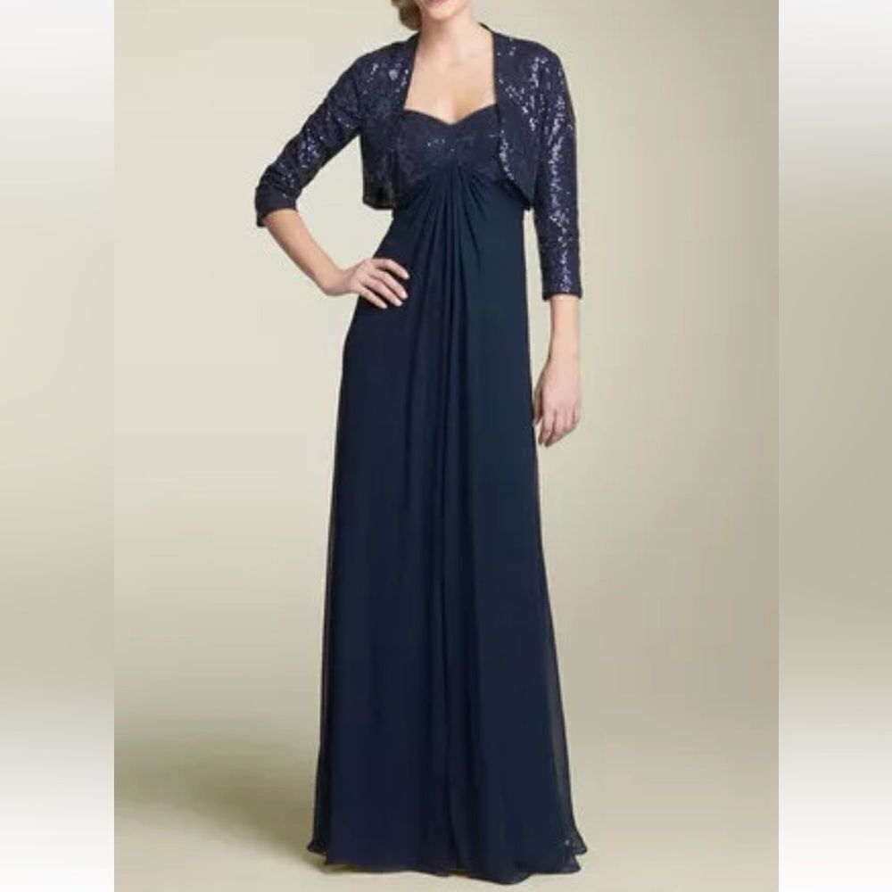Tadashi Collections Gown Womens Navy Blue Lace Sequin‎ Chiffon 2pc Set Dress 6